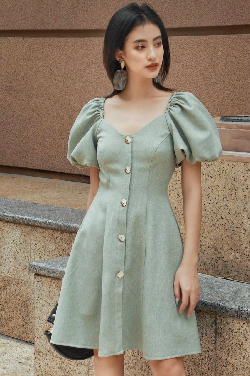 Đầm mint cổ V tay bo