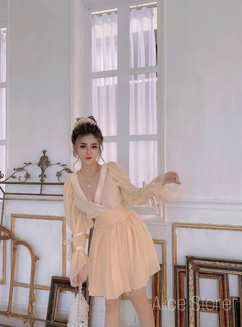 Đầm voan cổ V sâu tay dài dễ thương TTSA0957