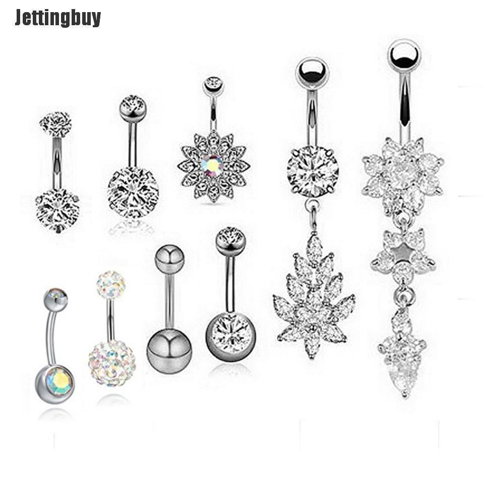 Jettingbuy 9Pcs/Set Dangle Crystal Rhinestone Belly Button Ring Navel Bar Piercing Jewelry
