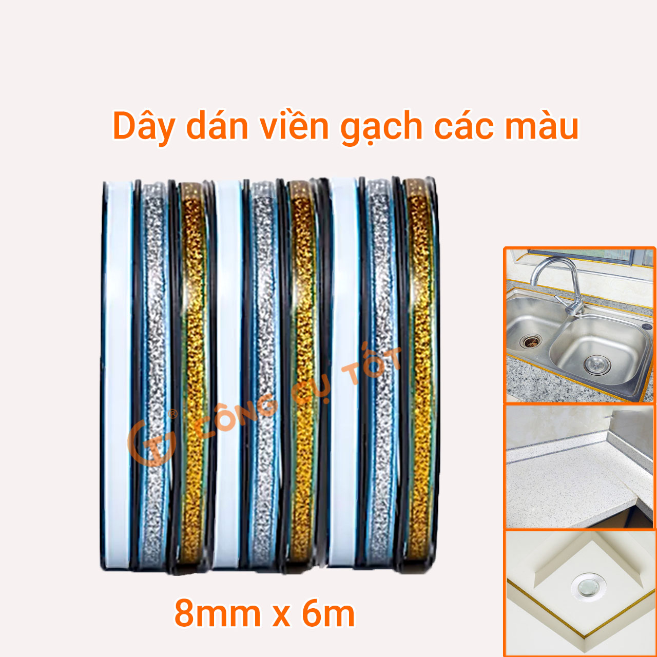 Cuộn chỉ dán viền gạch trang trí khổ 8mm, dài 6m