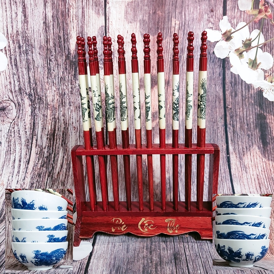 Shop Đa Ngành - Set 10 bộ bát đũa thờ có giá gỗ đẹp long lanh