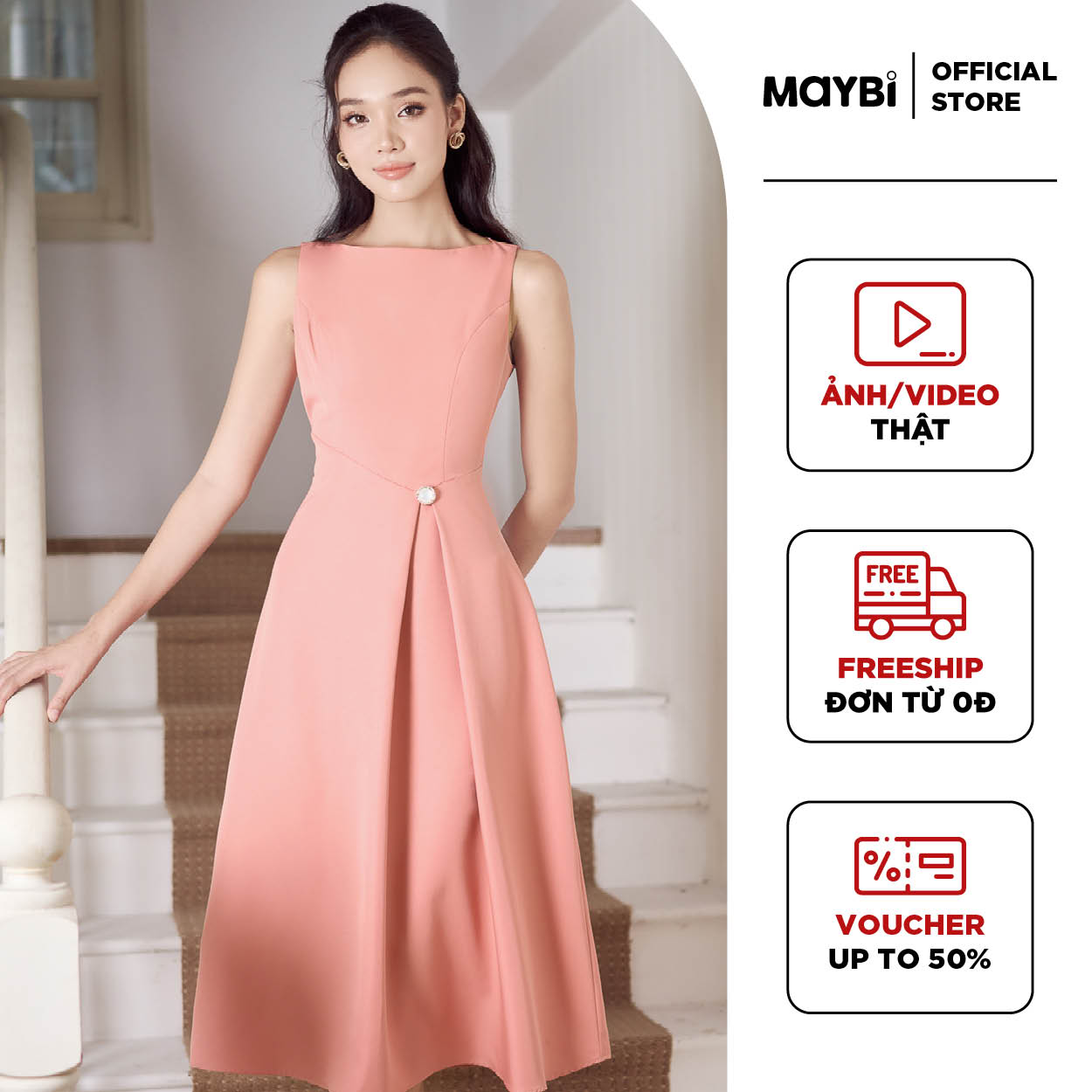 Đầm midi xòe cotton lạnh xếp ly tà lệch Maybi