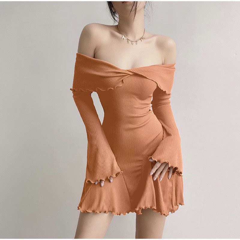 Đầm body bẹt gấp vai cuốn viền tay loe dáng xòe nhẹ xinh chất thun gân