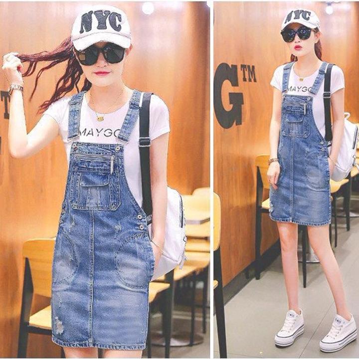 Đầm Yếm Jean Nữ Wash Cào Phối Túi Đáng Yêu