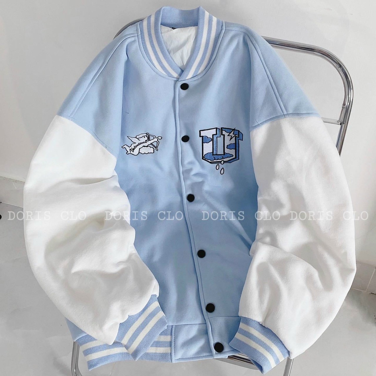 Áo Khoác Bomber Nỉ Nam Nữ Phối Hai Màu Trắng Xanh Hình Thiên Thần Chữ U Phong Cách Thể Thao Trẻ Trung Thời Trang