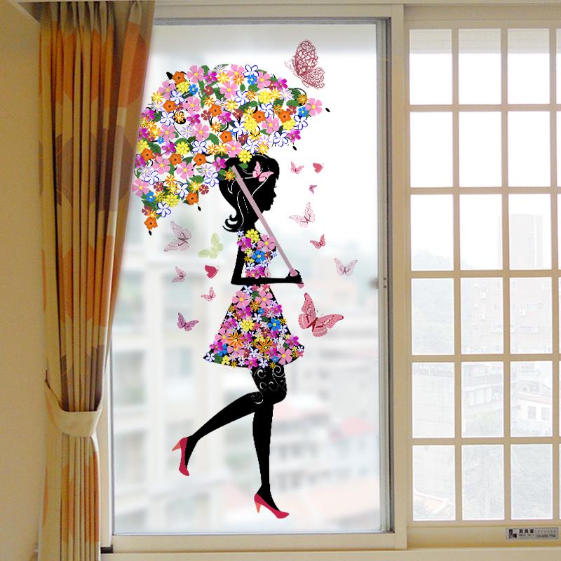 Decal dán kính cao cấp - Cô Gái Cây Dù Hoa ( 60x116cm )-DK1080