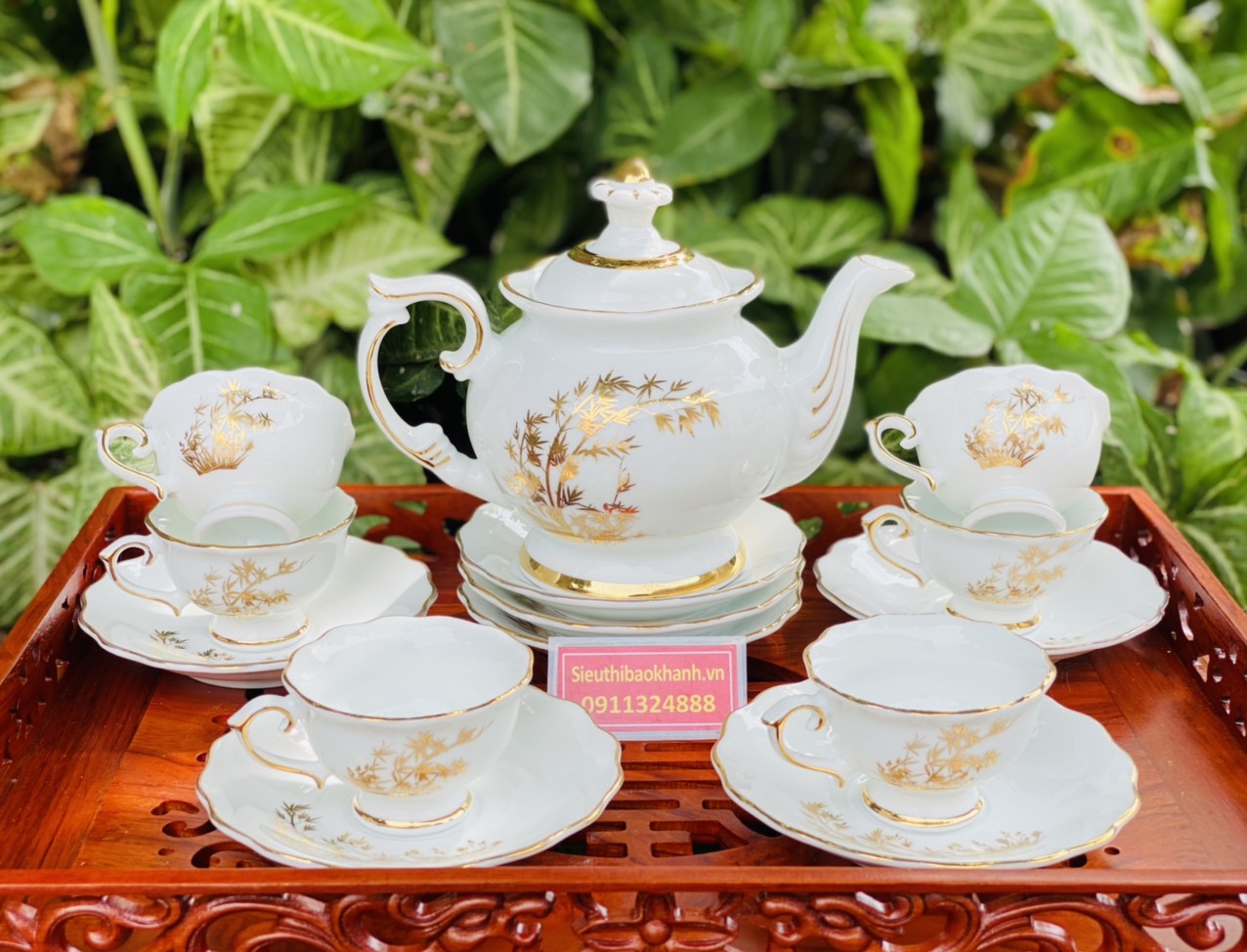 Gốm sứ Bát Tràng ấm chén họa tiết cây tre vàng