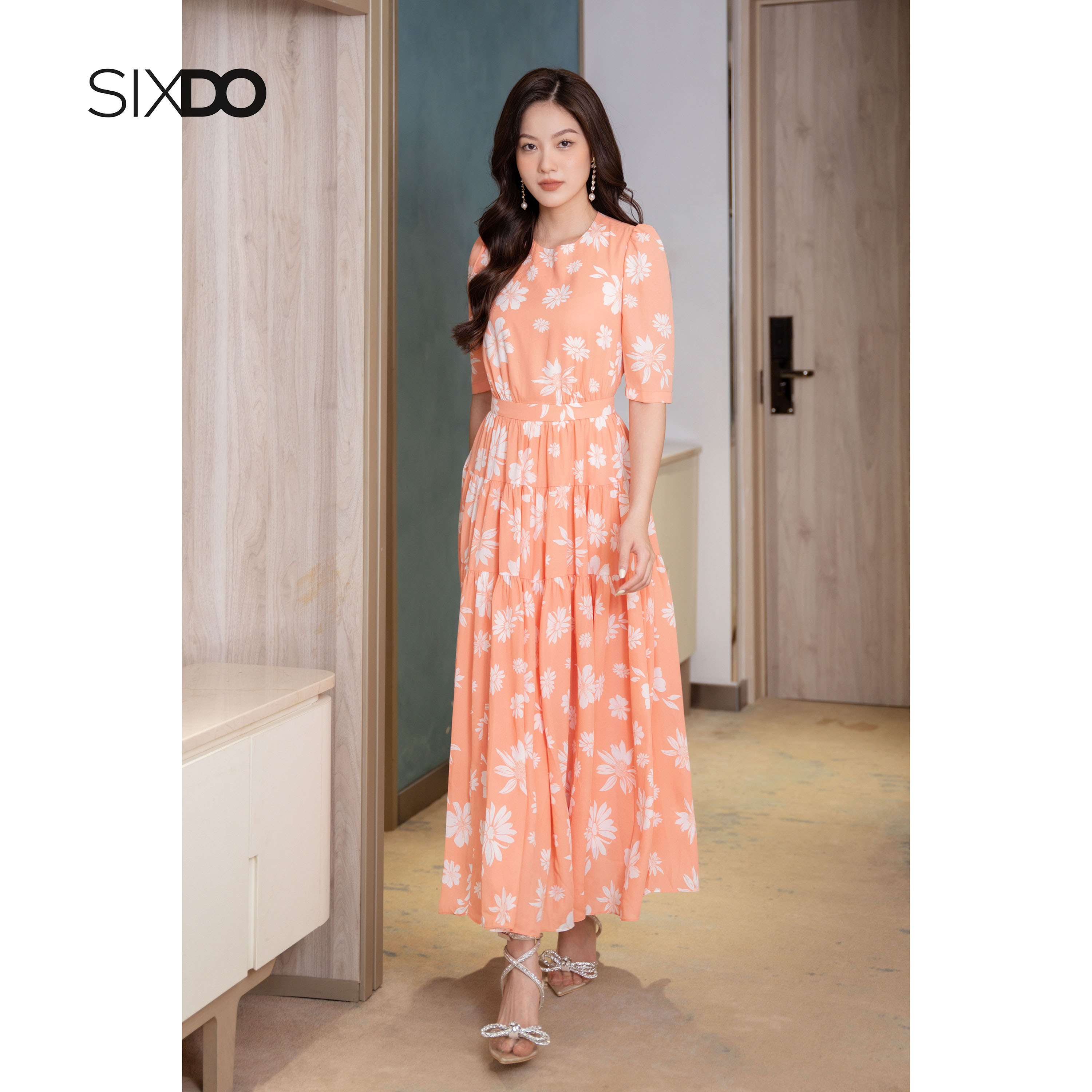 Đầm voan hoa tay lửng cổ tròn dáng xòe thời trang SIXDO