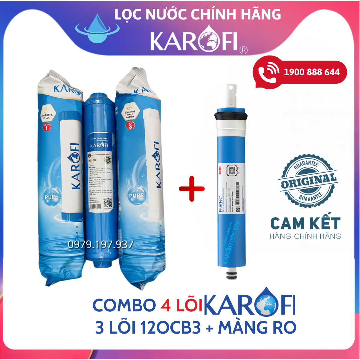 Combo bộ 3 lõi lọc thô 123 và 1 màng ro 50gpd cho máy lọc nước karofi ne