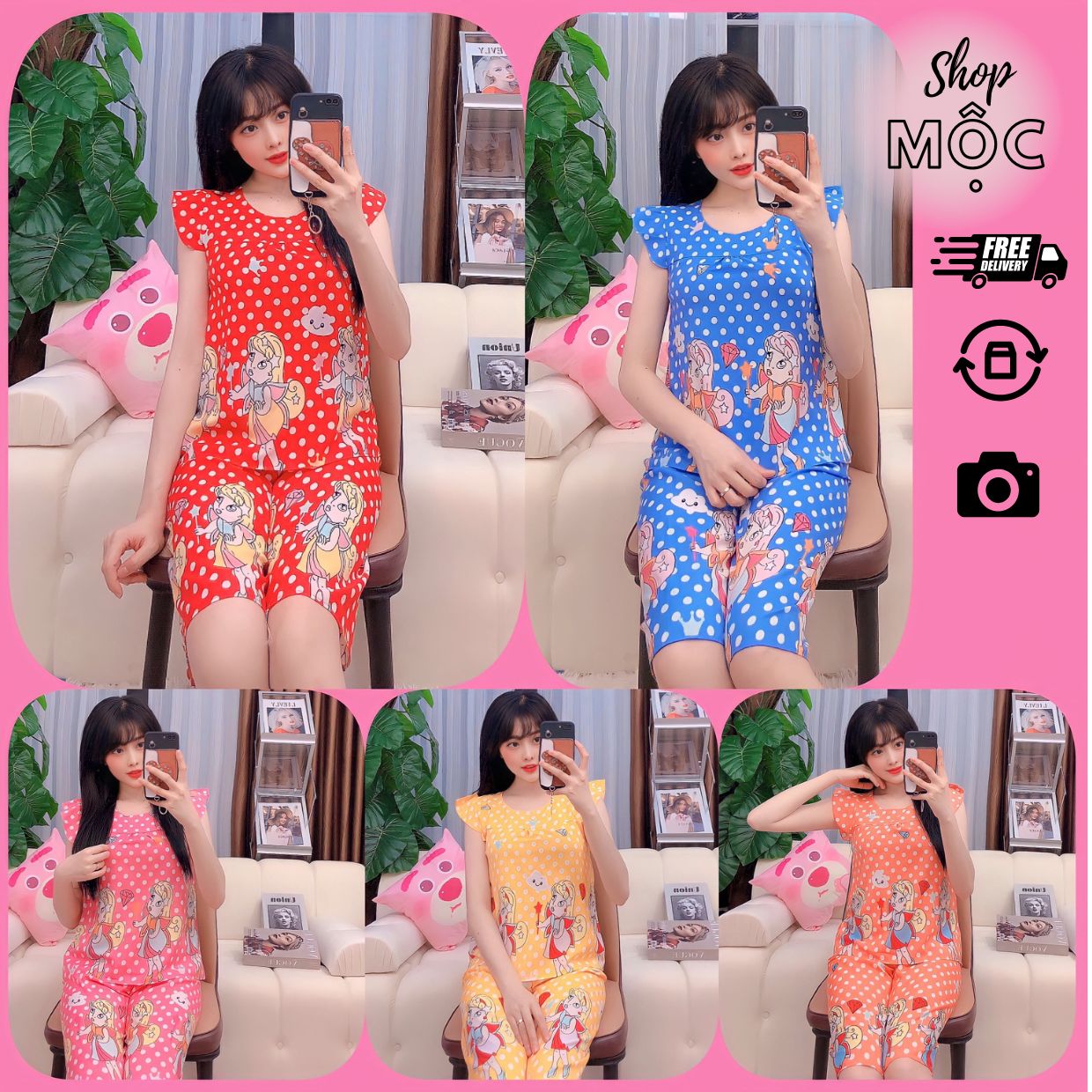 Đồ bộ lửng nữ mặc nhà chấm bi tay cánh tiên dễ thương, set bộ ngủ lụa hàn mềm mịn freesize 58kg