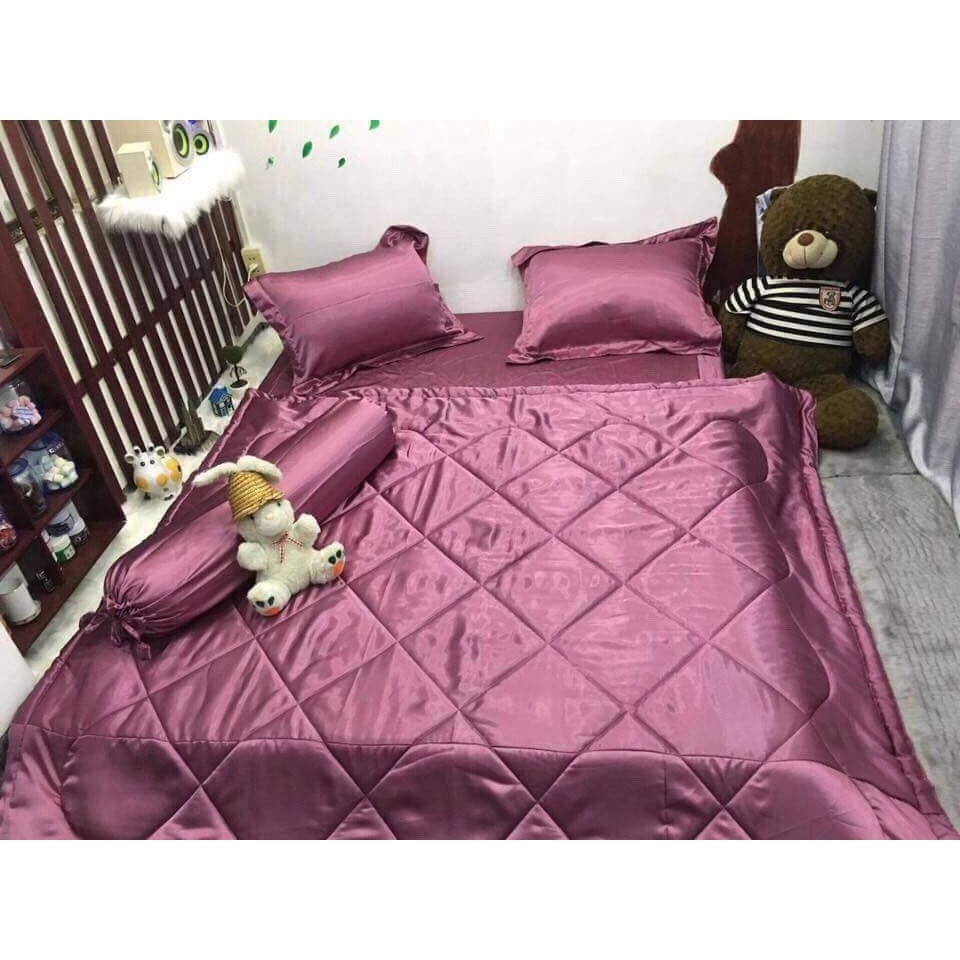 (Loại 1) Bộ Chăn Trần Bông Ga Gối Phi Lụa 5 Món Cao Cấp Lan Bedding Màu Hồng Ruốc