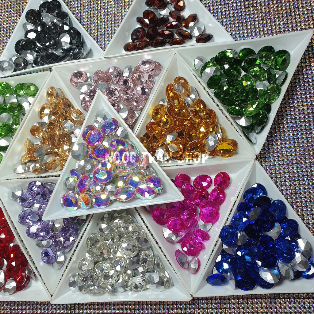 Set 10 Viên Đá Khối Hình Oval Chân Bạc Đính Móng