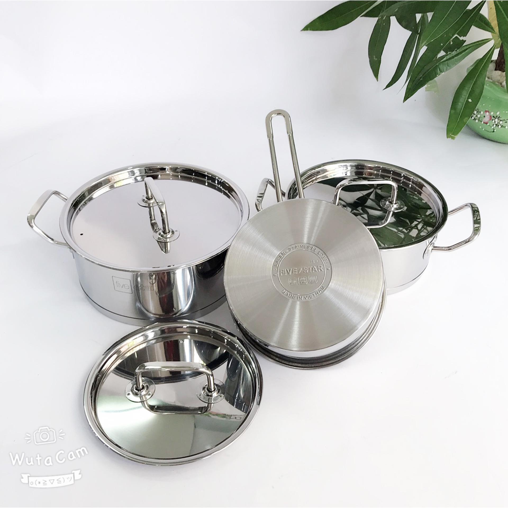 Bộ nồi quánh Fivestar Standard  inox 430 , 3 đáy , nắp inox ( tặng 1 muỗng canh ) , dùng được bếp từ , hồng ngoại , gas