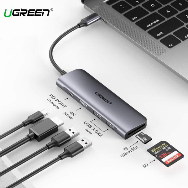 Cổng chuyển usb type -c to hdmi + usb 3.0*2 + sd/tf + pd chính hãng ugreen 70411