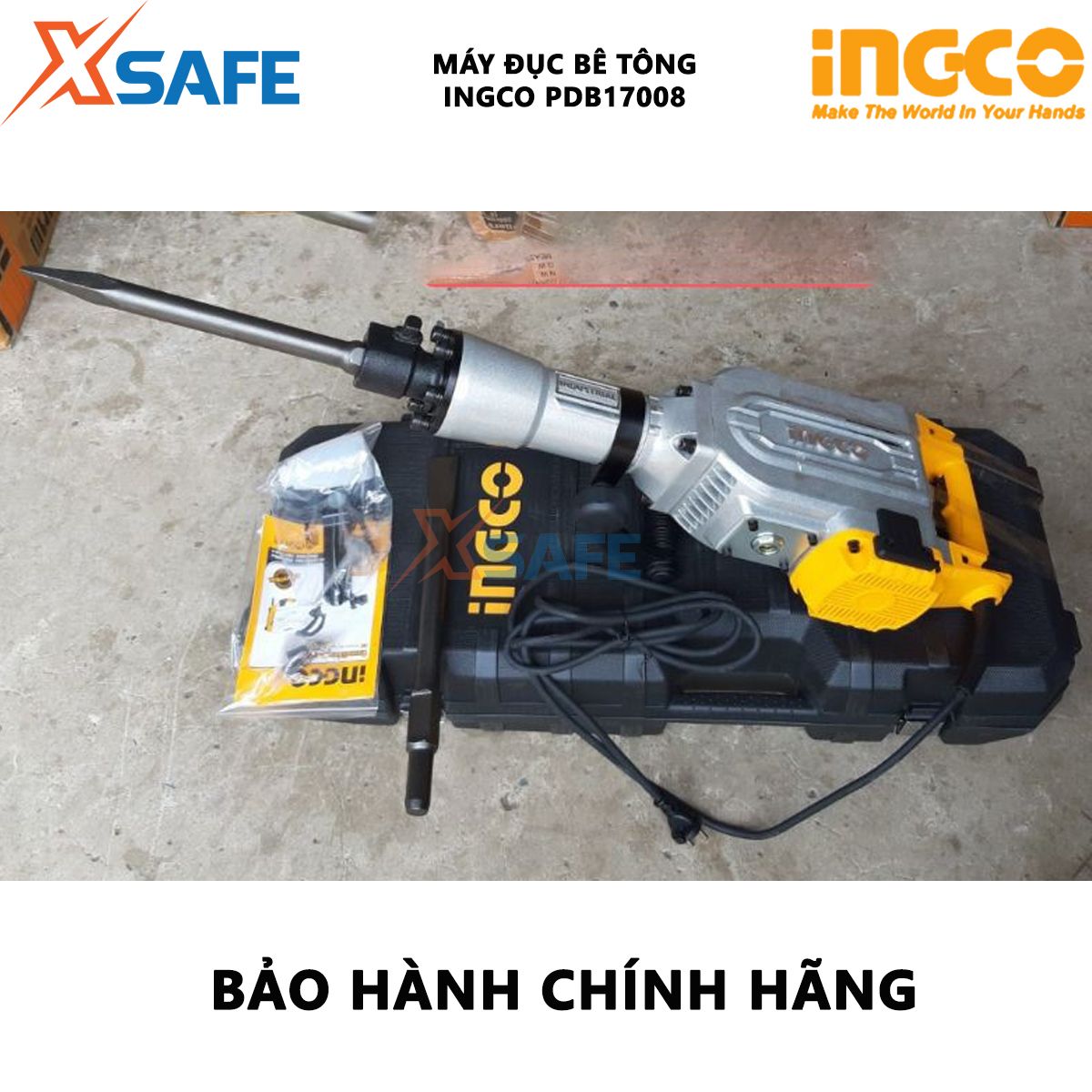 Máy đục bê tông INGCO PDB17008 | Máy khoan đục 1700W, Tốc độ đập 1400 lần/phút, Lực đập 50J, Đầu cặp SDS Hex, khoan đục phá tường, bê tông, vật liệu cứng