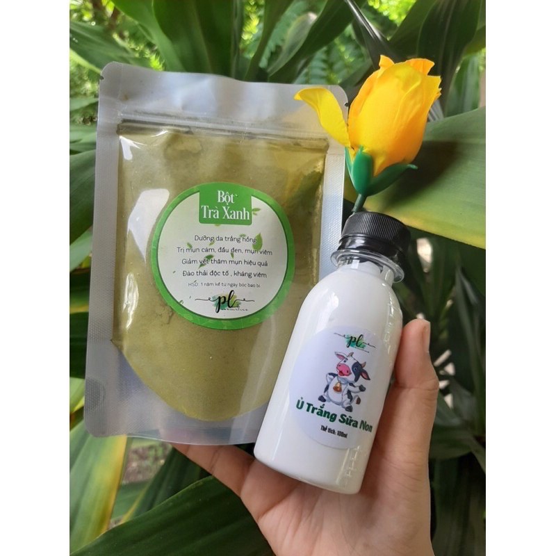 combo 100gr Bột trà xanh + ủ trắng sữa non (tặng que và cọ) đắp mặt