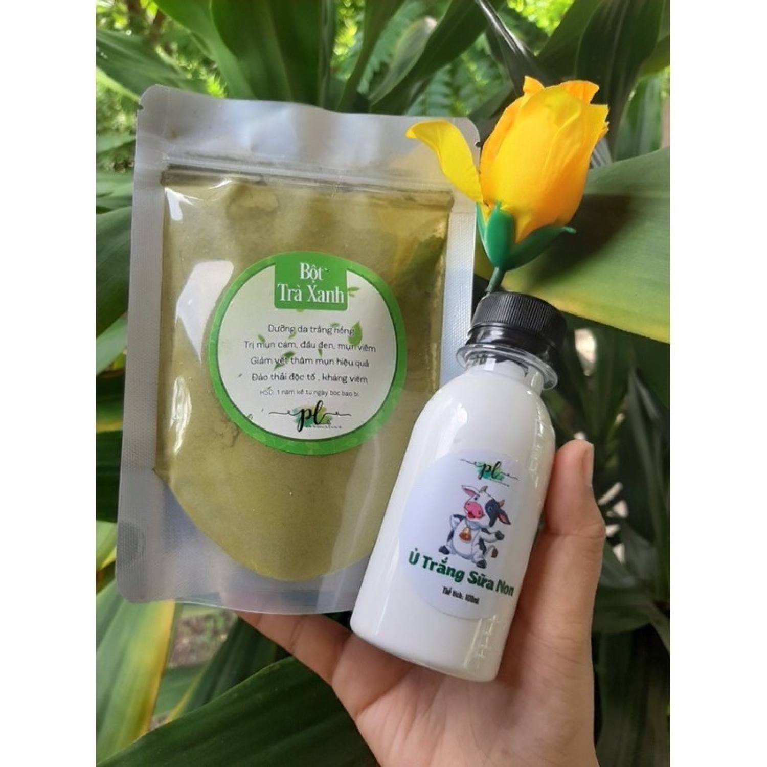 combo 100gr Bột trà xanh + ủ trắng sữa non (tặng que và cọ) đắp mặt