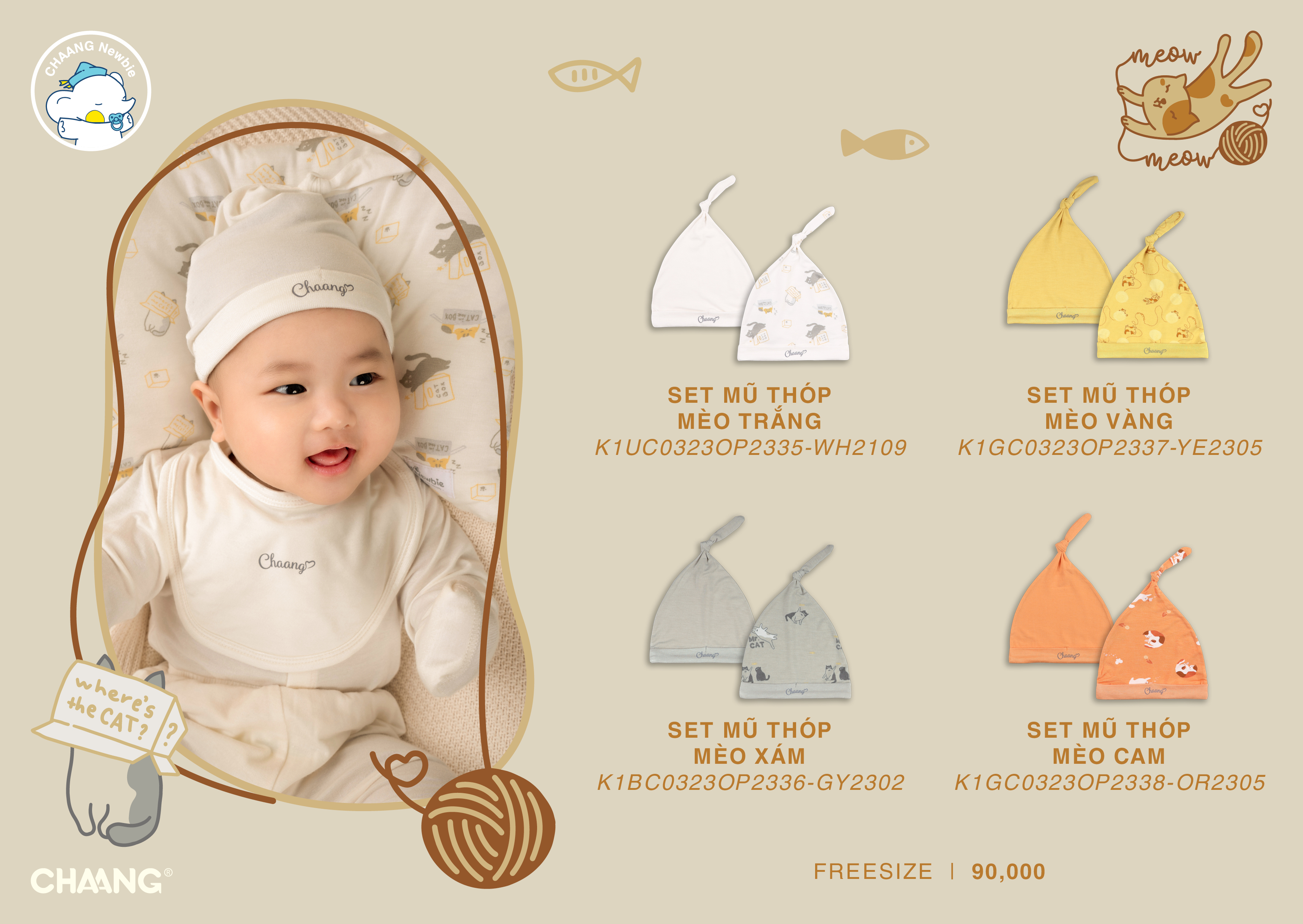 [CHAANG] SET 2 mũ thóp cho bé sơ sinh Mèo Chaang