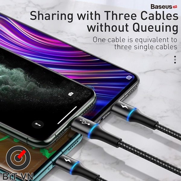 Cáp sạc vải dù Baseus Data Halo 3 in 1 (USB to Type C/ Lightning/ Micro, 3.5A Fast Charging & Sync Data Cable) - BiT VN