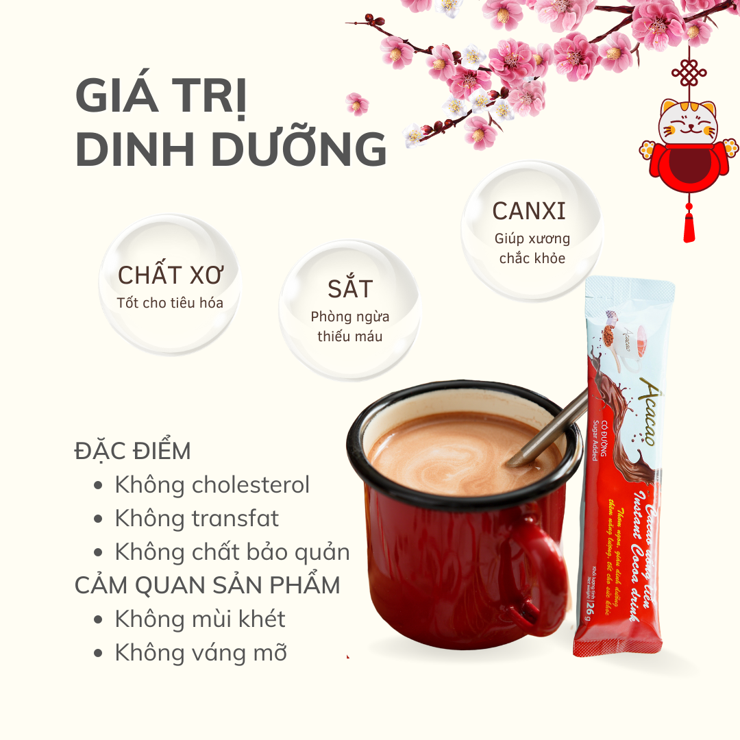 [1 thùng]  Bột ca cao hòa tan CÓ ĐƯỜNG Acacao, gu đậm đà chuẩn, bổ sung dinh dưỡng + năng lượng 24 hộp; 11 gói x 26g / hộp [Acacao Vietnam]