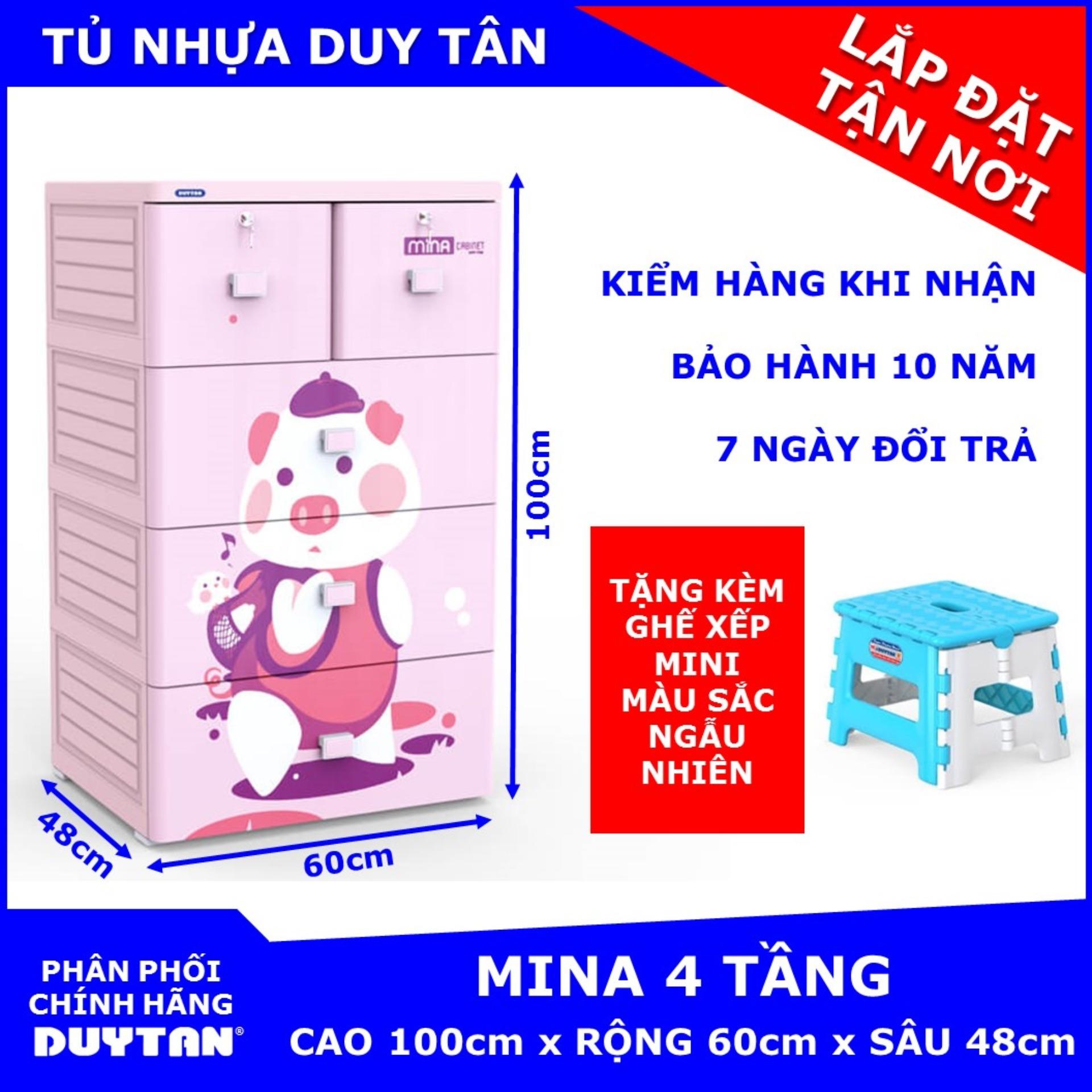 Tủ nhựa cao cấp Duy Tân MINA 4 tầng (Hồng Heo) tặng kèm Ghế xếp mini Duy Tân màu sắc ngẫu nhiên