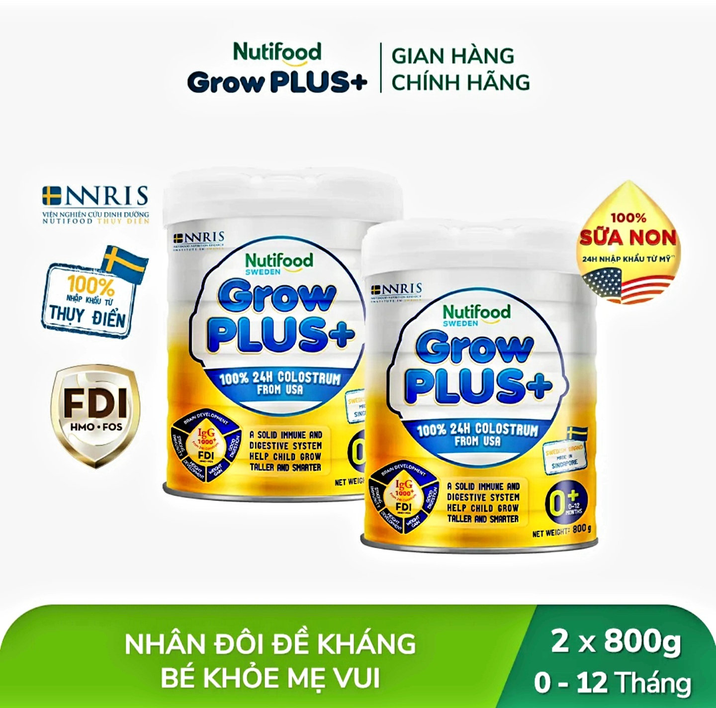 (HSD T8-2027) COMBO 2 LON Sữa Bột Vàng Nutifood GrowPLUS 0+ 400g/ 800g (Sữa Non).