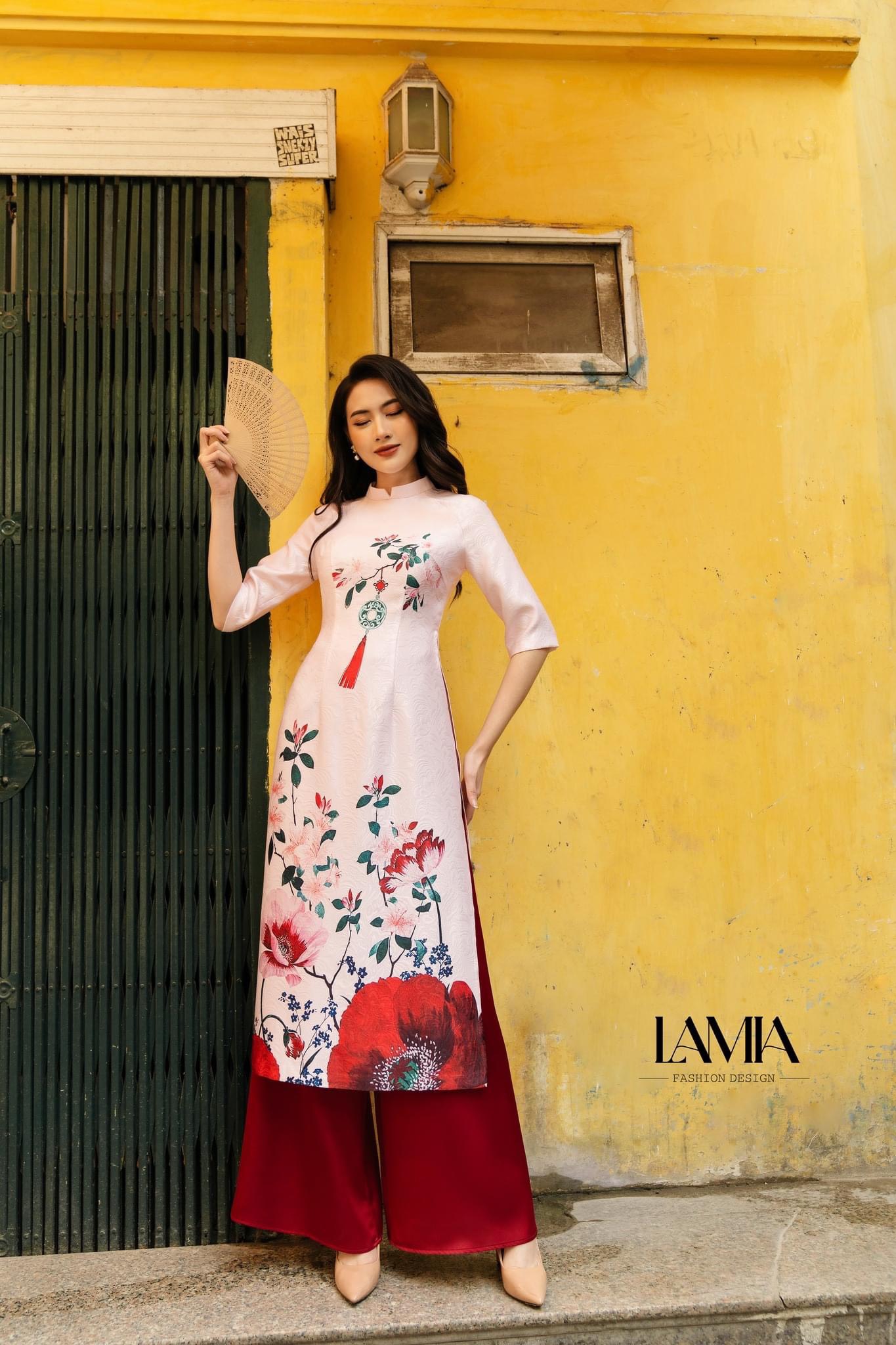 Áo dài cách tân lụa gấm mã h5- hồng nhạt