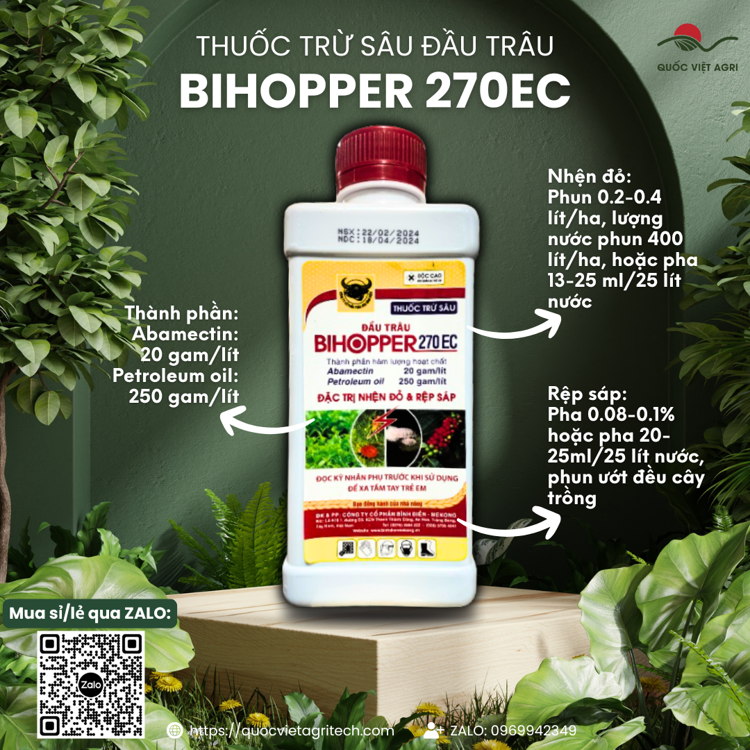 Thuốc trừ sâu Đầu Trâu BIHOPPER 270EC (chai 500ml) - Abamectin 20g/l + Petroleum oil 250g/l Trị nhện đỏ và rệp sáp
