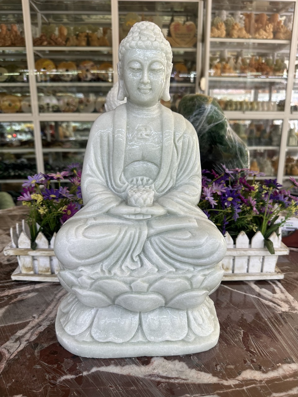 Tượng Phật A Di Đà, phật tổ như lai ngồi đài sen đá cẩm thạch trắng xanh - Cao 40 cm