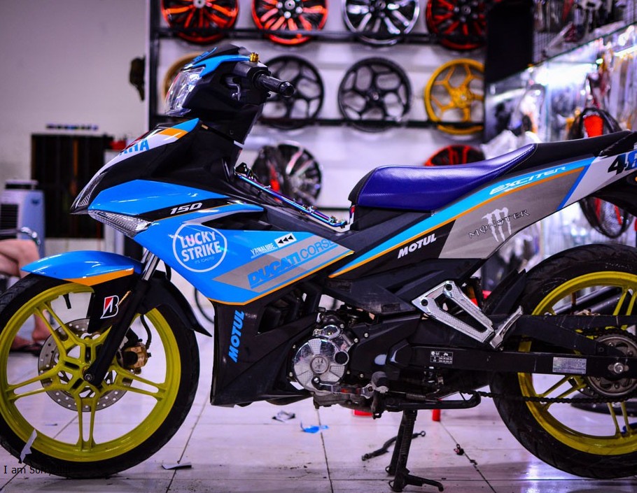 Tem TRÙM xe exciter 150 xanh bạc lucky strike mẫu mới  -  Tem TRÙM dán xe máy exciter 150 xanh bạc thiết kế theo yếu cầu- tem TRÙM xe exciter 150 xanh bạc chất đẹp rẻ