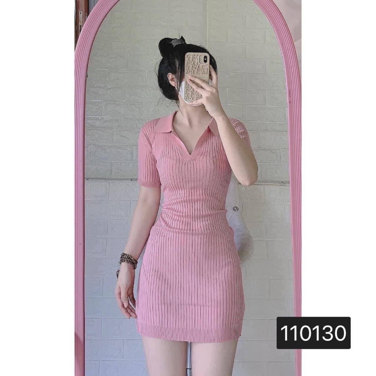 Đầm gân body tay ngắn cổ bẻ trơn basic