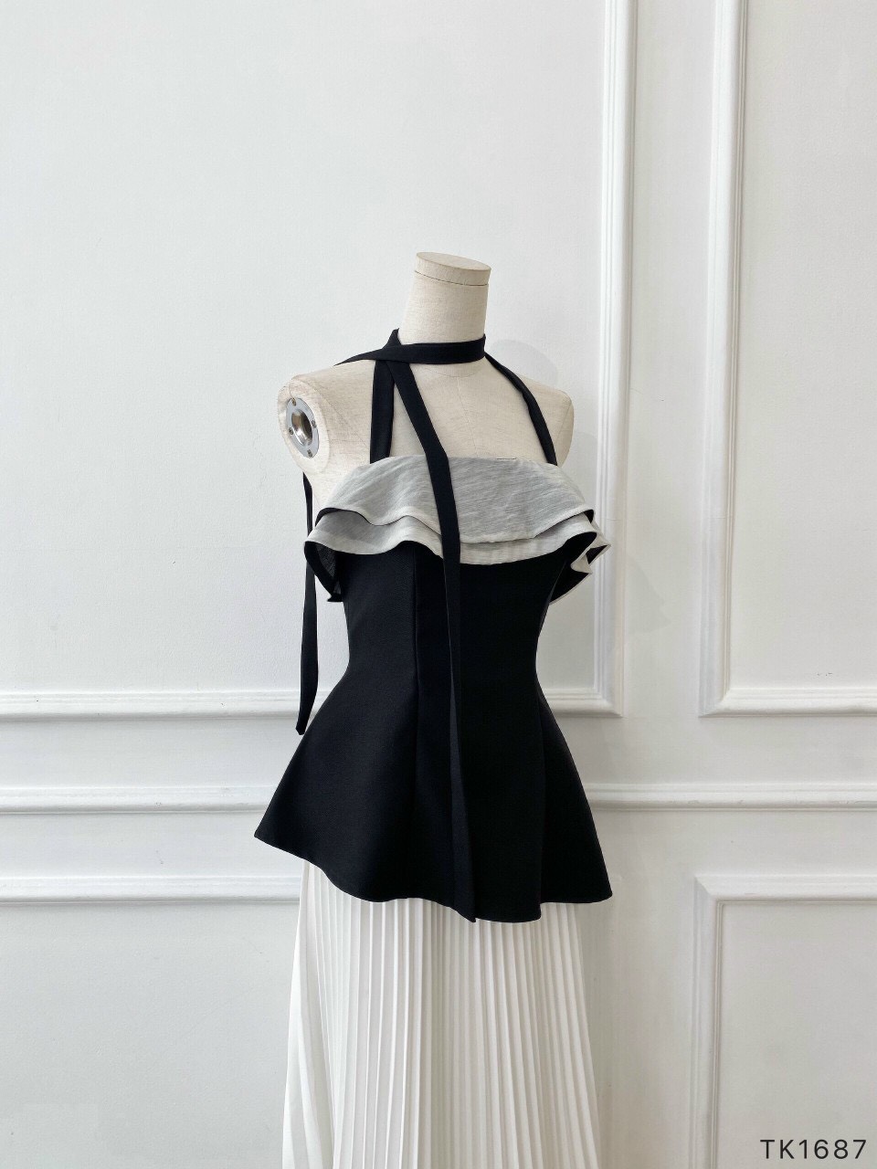 [Ảnh thật] Áo peplum phối bèo lệch tà dây cột cổ