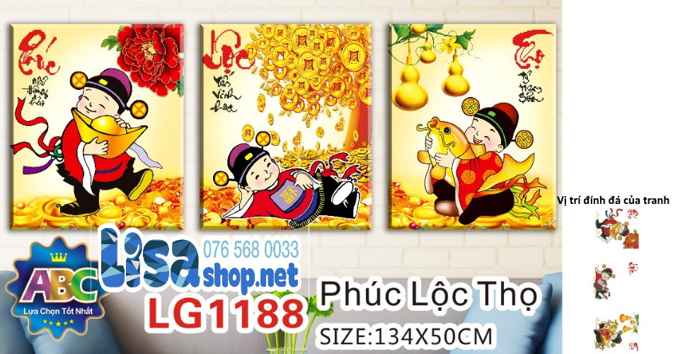 [HCM]Tranh đính đá PHÚC LỘC THỌ 134x50cm chưa đính lg1188 vs112