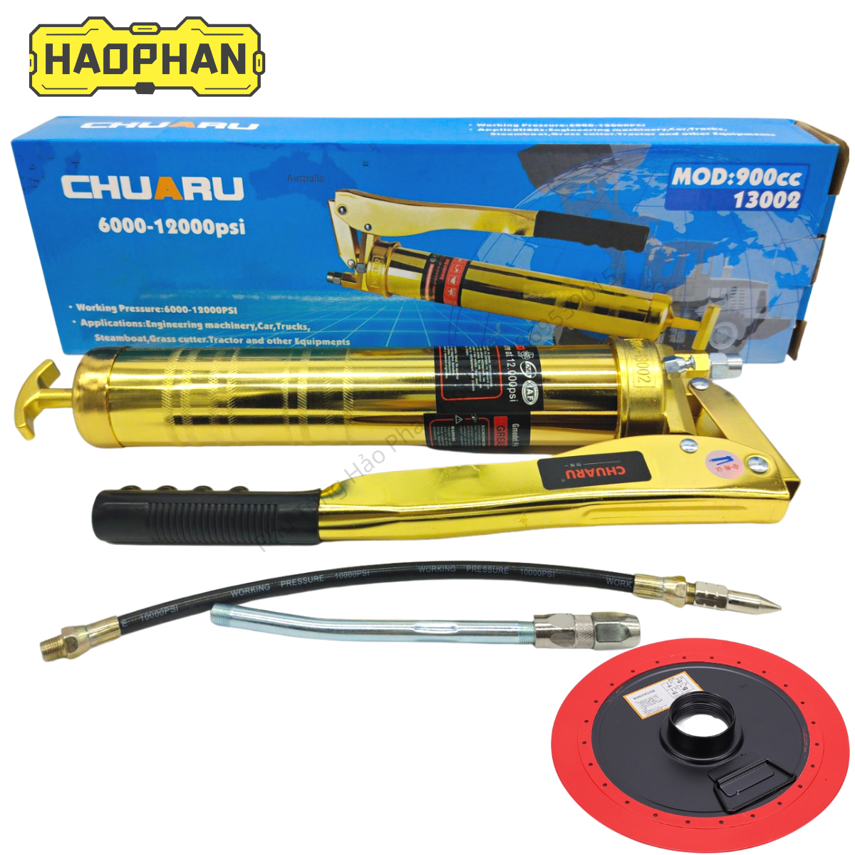 Súng bơm mỡ nhồi cao cấp, bơm mỡ bò cầm tay 2 ty xylanh piston 900cc chuyên dùng cho mỡ xô