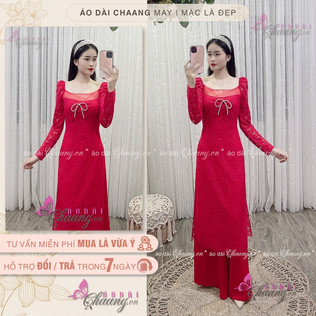 Áo dài ren cổ trễ ngực - CHAANG May áo dài 4 tà chất vải ren mềm có co giãn
