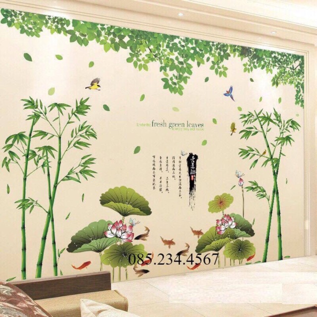 Decal dán tường Combo 3 tranh tre tranh + cá và hoa sen + tán lá xanh To