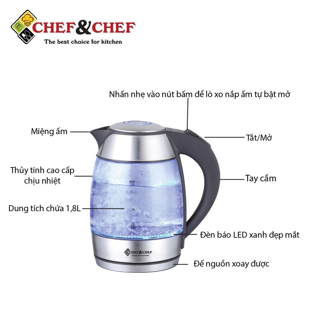 Bình đun siêu tốc thủy tinh 1.8 lít - Chef & Chef chính hãng