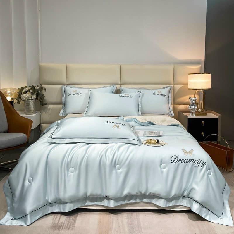 🌹(CHIBEDDING) SET VỎ CHĂN GA GỐI PHI LỤA THÊU NƠ PHỐI VIỀN 4 MÓN NHẬP KHẨU