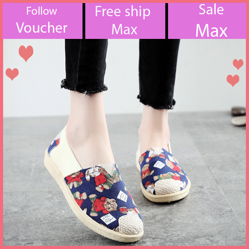 Giầy lười nữ vải đẹp đi bộ êm chân, giầy slip on vải đế mềm, giầy vintage họa tiết đẹp V276