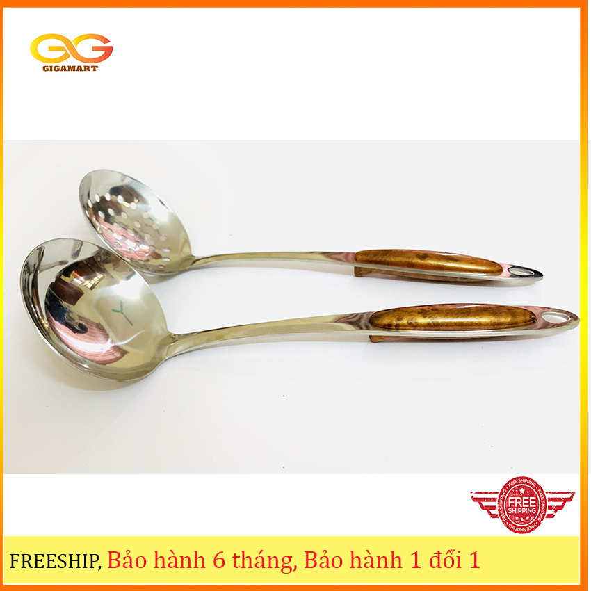 Bộ muôi canh , muôi thủng (vợt, vá inox) cán ốp nâu- nhiều kích cỡ- GIgamart