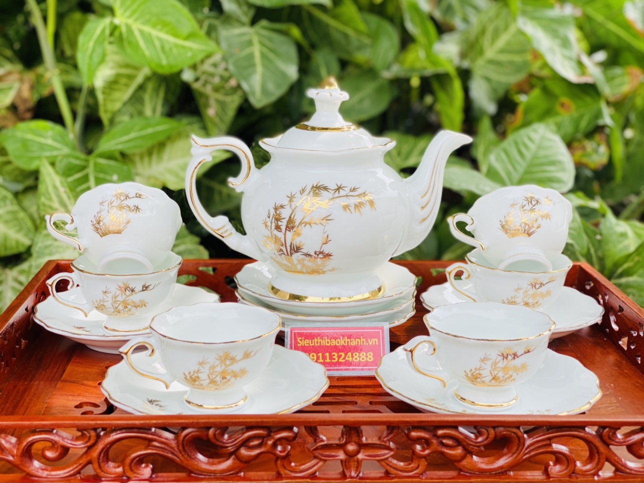 Gốm sứ Bát Tràng ấm chén họa tiết cây tre vàng