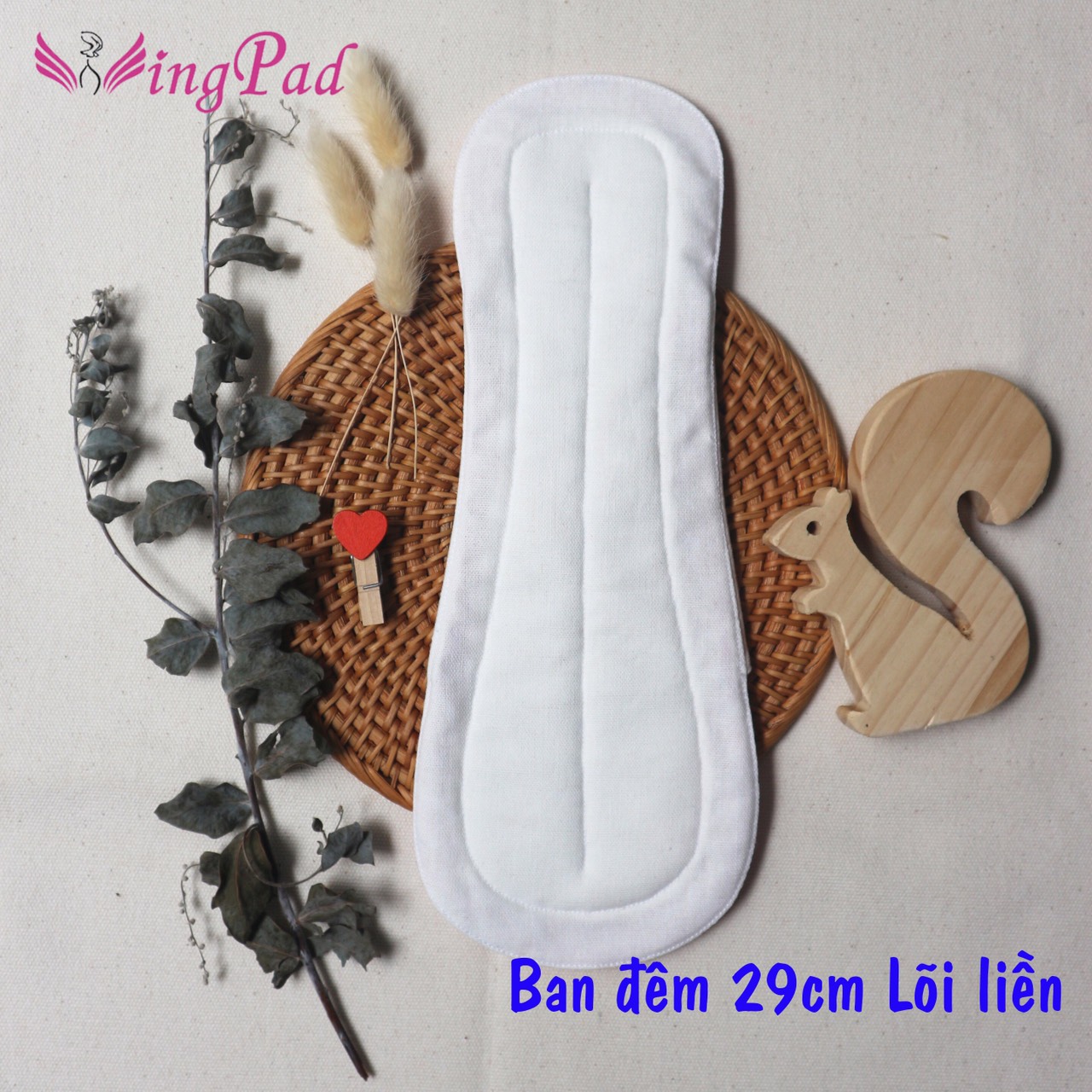 Size BAN ĐÊM 29cm - Kiểu LÕI LIỀN nền TRẮNG - Băng vệ sinh vải Wingpad
