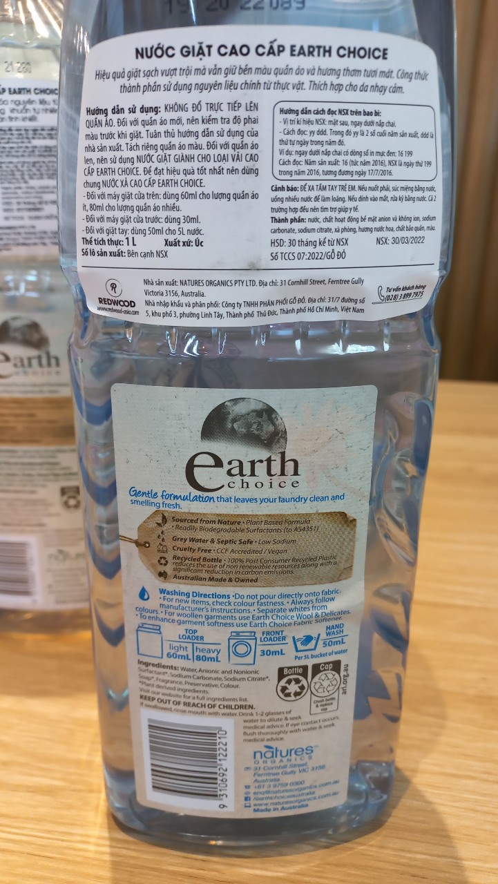 Nước giặt cao cấp Earth Choice 1L