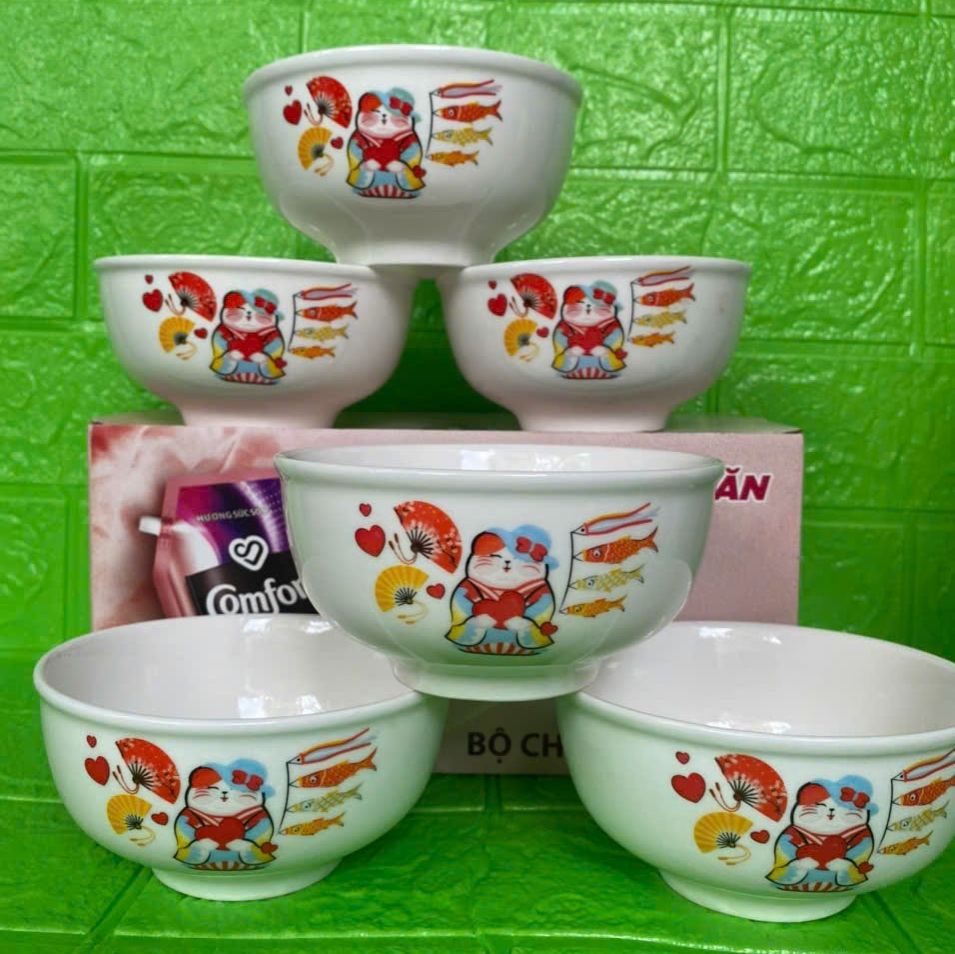Set 10 chén sứ cao cấp , bát ăn cơm in hoa tiết mèo siêu đẹp