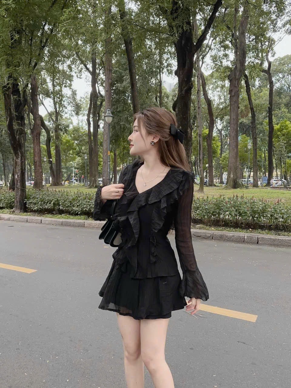 Set voan tơ áo kiểu cổ bèo tay loe và chất váy chất voan tơ hai lớp, set tiểu thư style Hàn Quốc nữ tính
