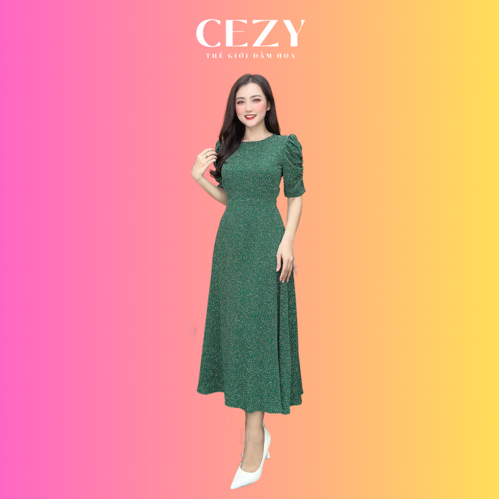 Đầm chấm bi cổ tròn tay phồng dáng xòe dài có size bigsize CEZY D131