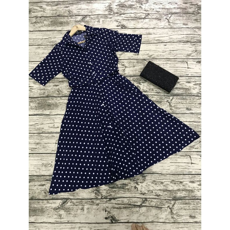 Đầm Công sở Cổ Sơ Mi Chấm Bi Kèm Bell Có Túi