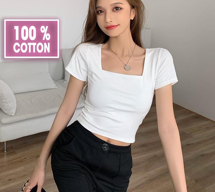 Áo croptop cổ vuông ngắn tay ôm nữ , áo crt hở rốn thun gân 100% cotton đẹp màu đen trắng
