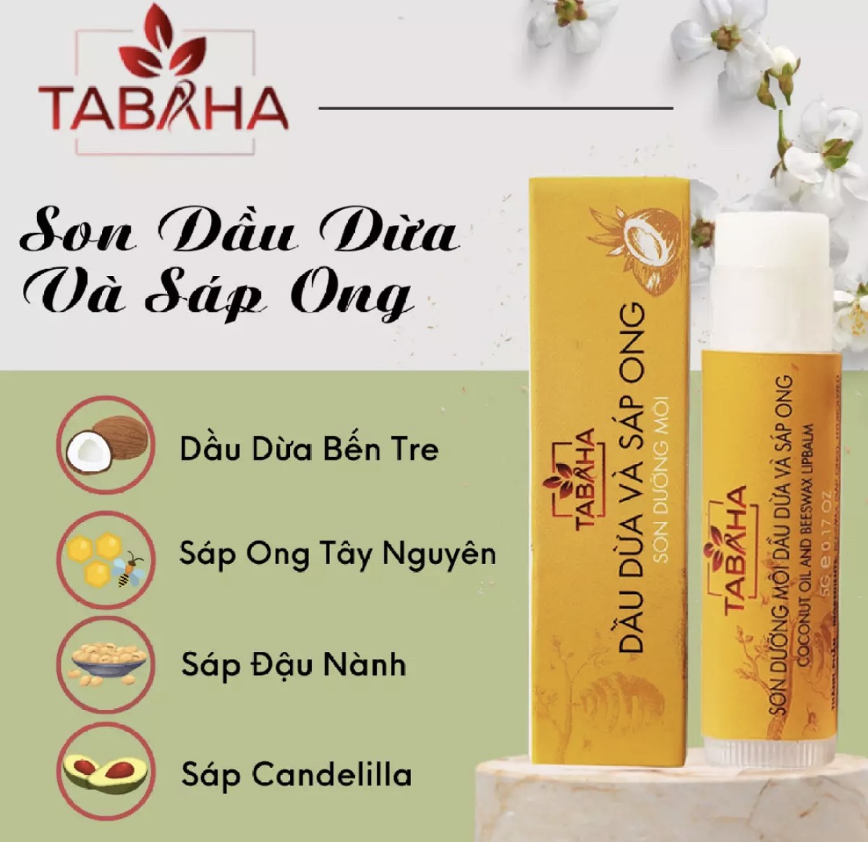 Son dưỡng môi h không màu Lip Balm Dầu Dừa Sáp Ong tabaha 5g dành cho môi khô, nứt nẻ, giúp môi mềm mịn, giảm thâm môi