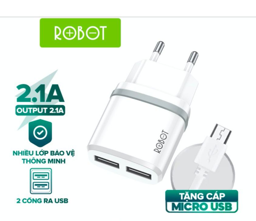 Hot deals - 5v 2.1a, cốc sạc 2 cổng usb robot rt-k9 2.1a kèm cáp micro 1m